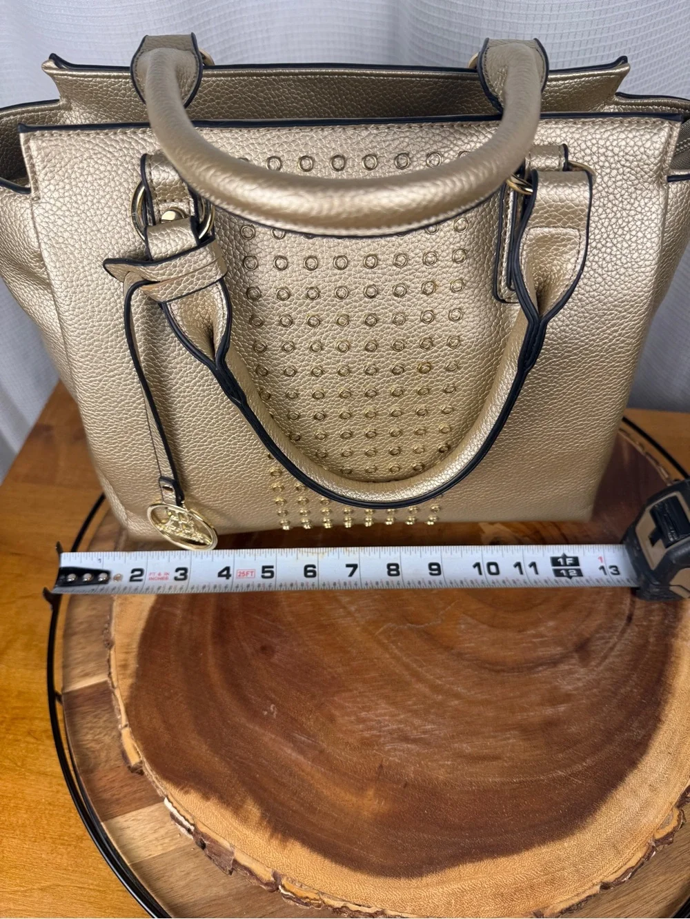Bella Rose Gold Metallic Grommet Studded Satchel Crossbody Shoulder Tote Bag EUC